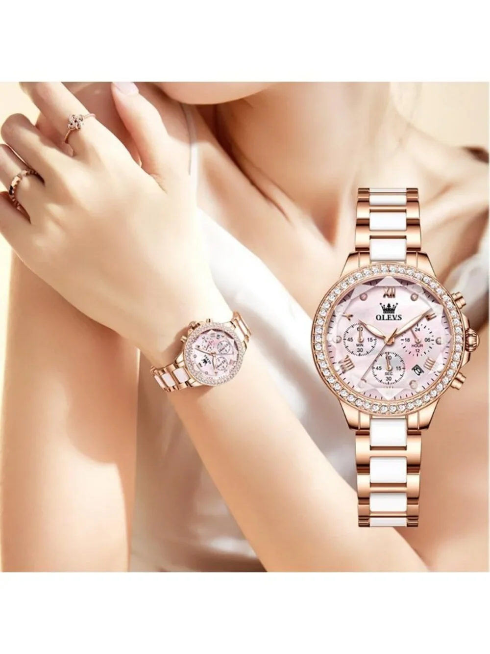 Olevs Women's Pink Skeleton Diamond Rose Gold Automatic Elegant Luxury Watch